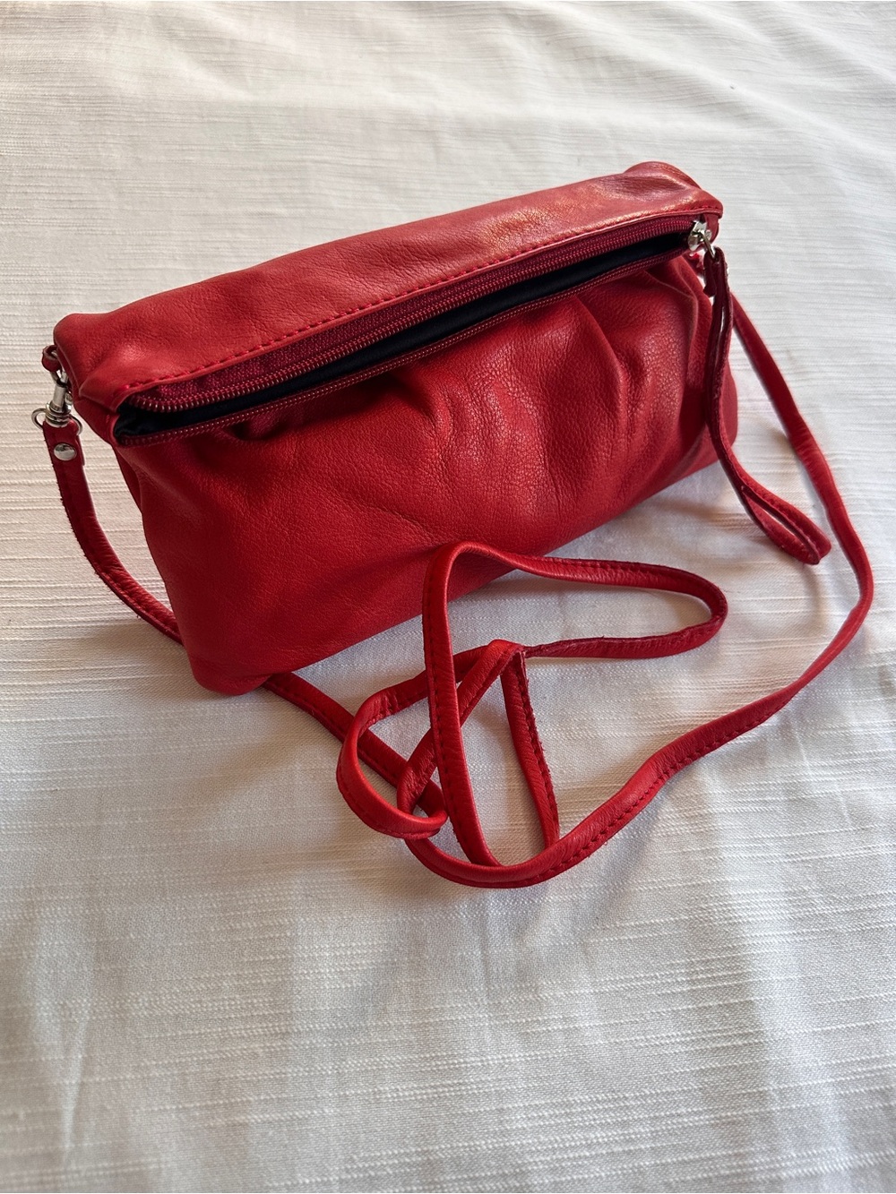vintage Italian Red Leather Ruched Mini Crossbody/Clutch Bag
